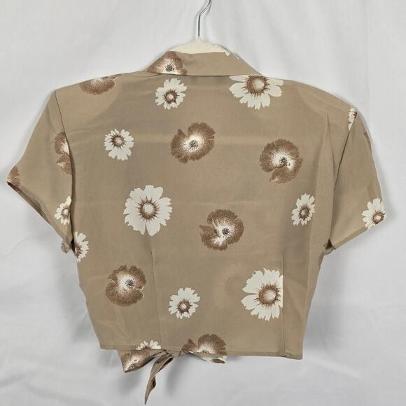 Vintage Y2K Beige Floral Cropped Tie Front Top Short Sleeve Size M - Picture 2 of 3
